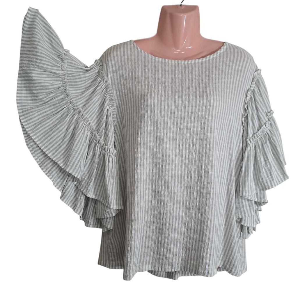 Chelsea and Theodore Women Blouse Size L Boho Striped‎ Ruffle Sleeve White/Green